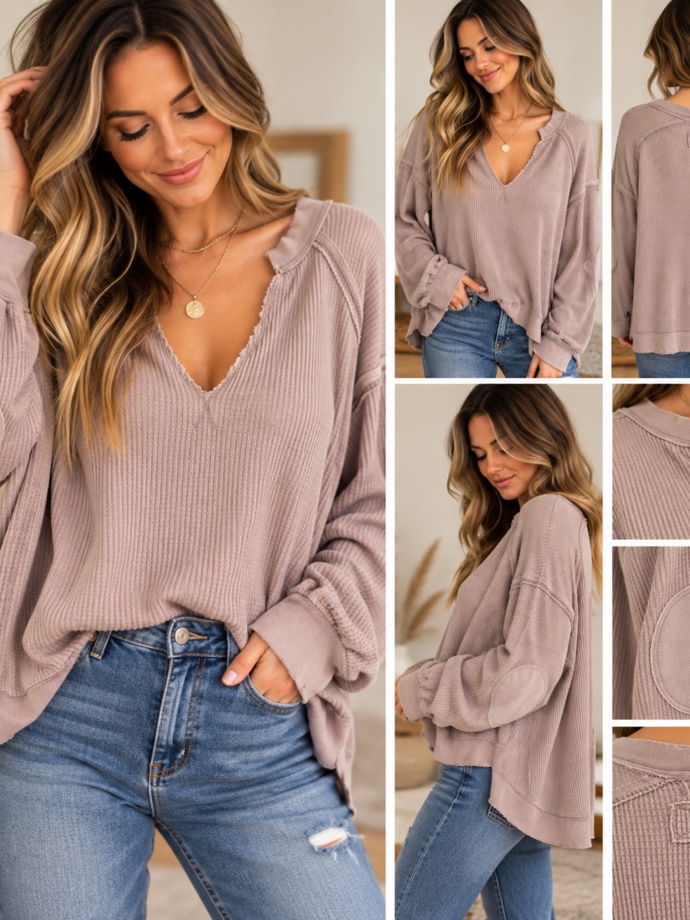 Free People Owen Thermal oversized XS Relaxed Waffle Knit Sweater - Mauve